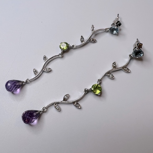 Sterling Silver 925 Vine Dangling Earrings Amethyst Peridot Aquamarine Gemstones - Picture 2 of 2